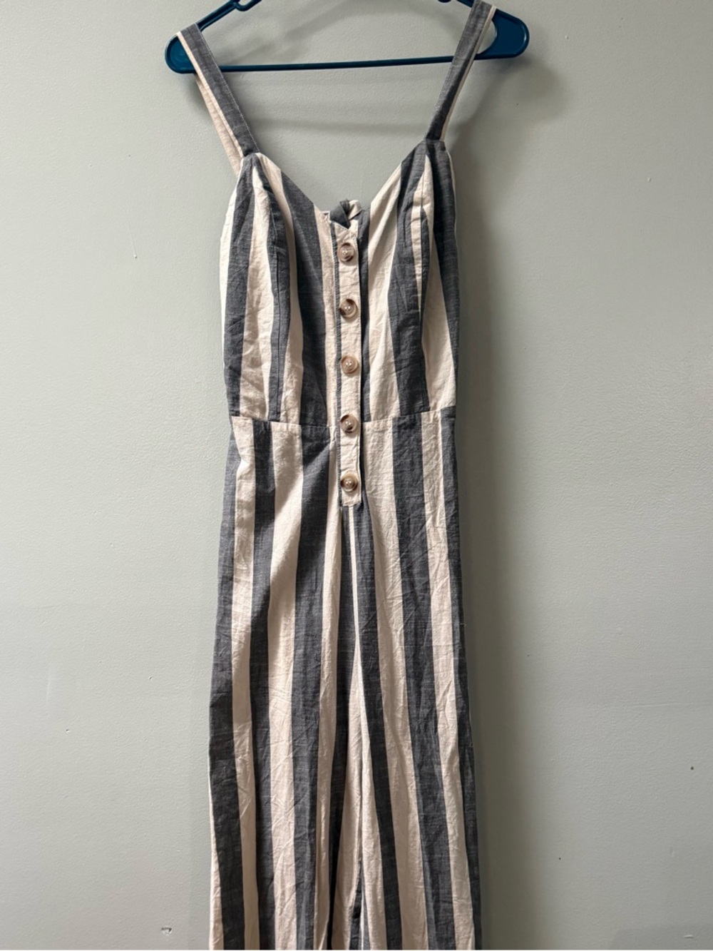 Japna Medium Nautical Coastal Stripe Wide Leg Jumpsuit Button Front Tie Back